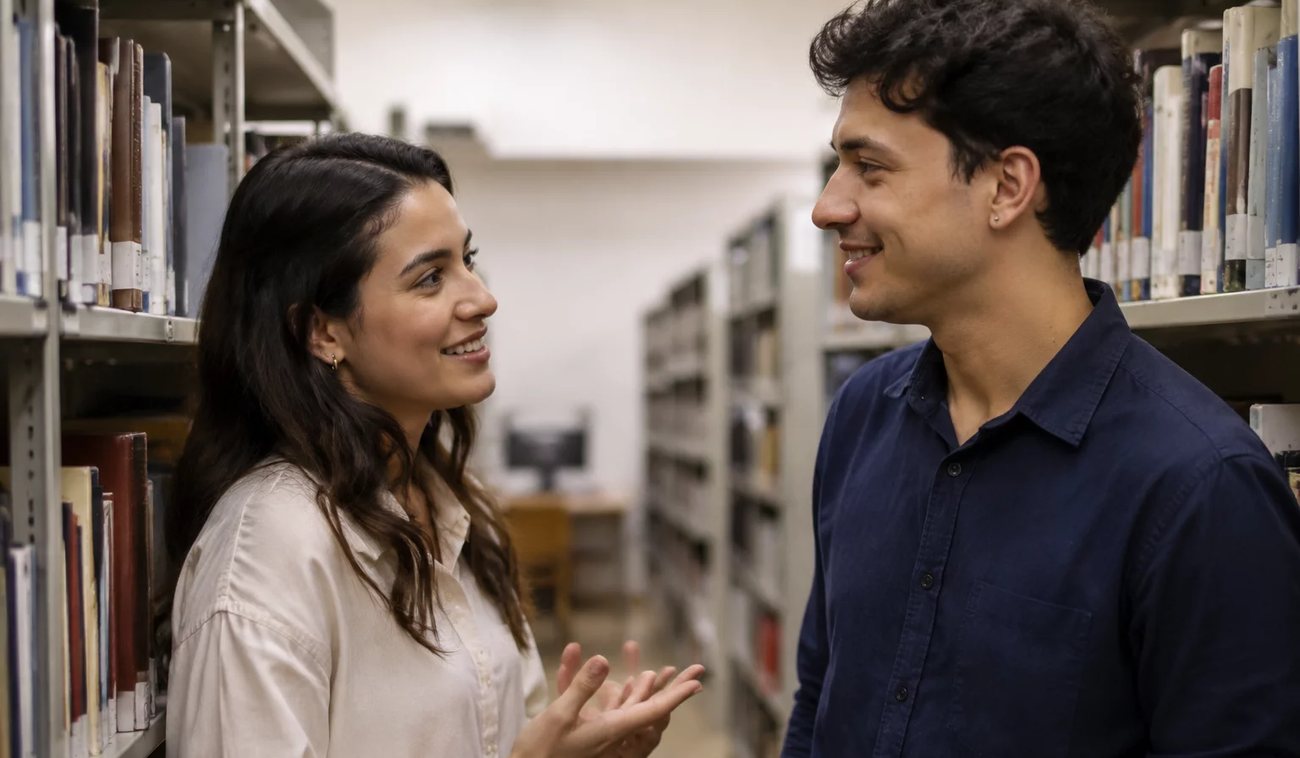 Pessoas conversando de pé junto às estantes antes de o encontro abrir
